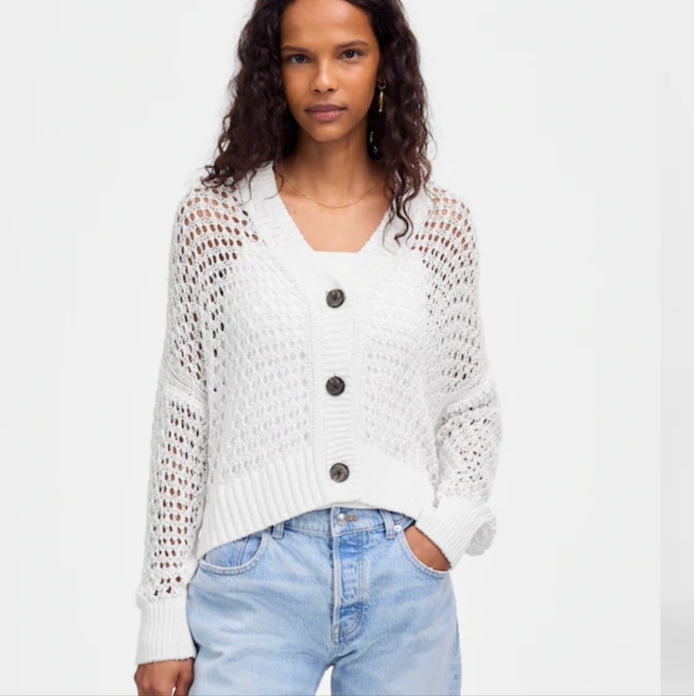 Madewell Open-Stitch V-Neck Cardigan NV255 Size L NWT White
